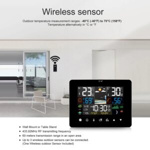 Monitoiminen sääasema herätyskello Kosketusnäyttö Lämpömittari Hygrometri Langaton anturi Auringonnousu Auringonlasku Hygrotermografi - Image 5